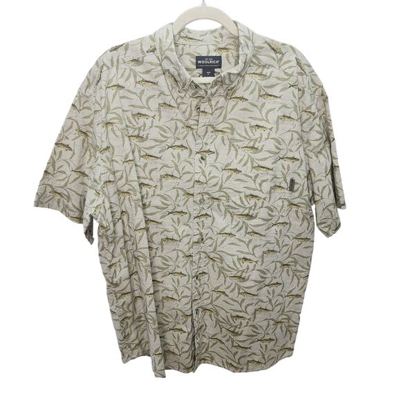 Woolrich Wasabi Tuna Fish Print Short Sleeve Mens Button Down Shirt Size XL - Picture 1 of 7